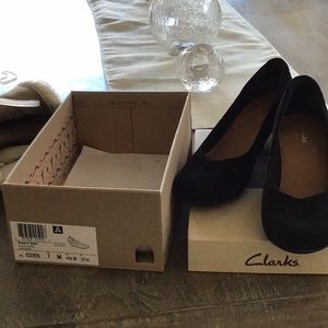 Clark, black suede wedges